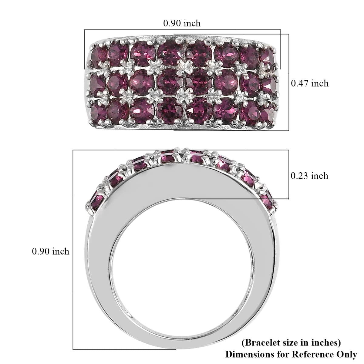 Amethyst Color Crystal Three Row Band Ring in Platinum Over Copper with Magnet (Size 10.0) image number 5