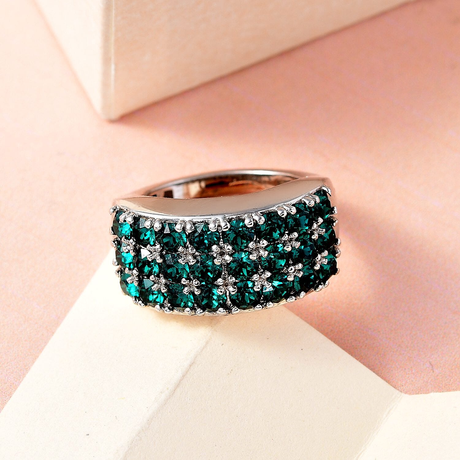 Emerald Color Crystal Three Row Band Ring in Platinum Over Copper with Magnet (Size 5.0)