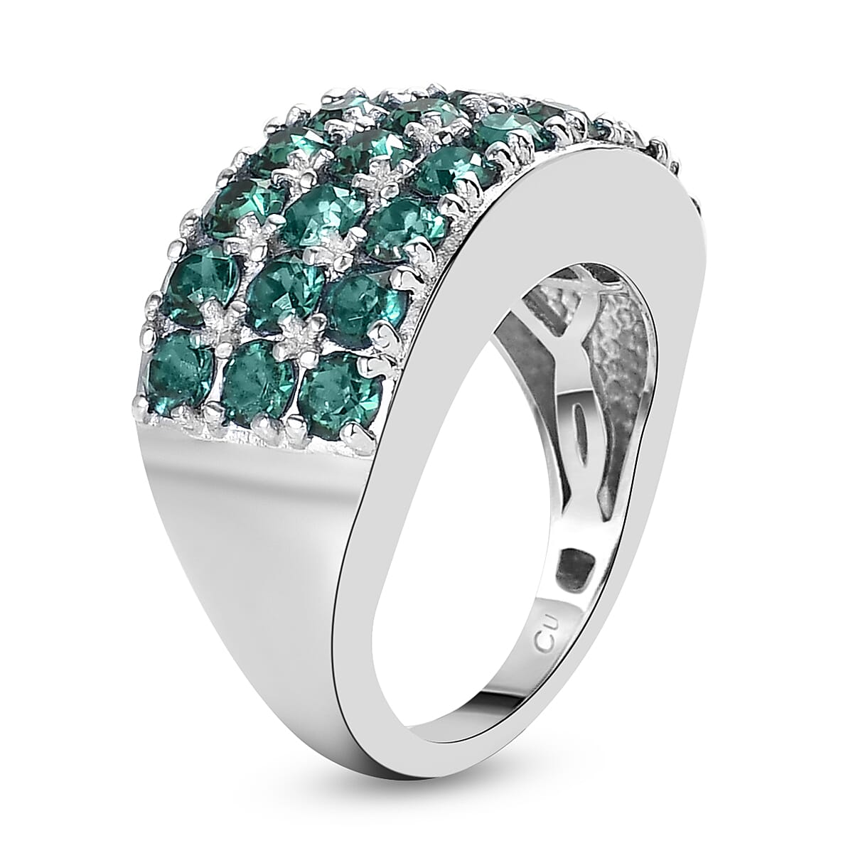 Emerald Color Crystal Three Row Band Ring in Platinum Over Copper with Magnet (Size 7.0)