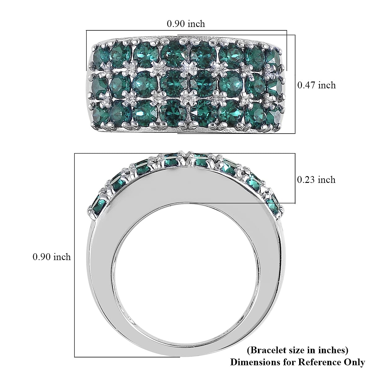 Emerald Color Crystal Three Row Band Ring in Platinum Over Copper with Magnet (Size 7.0)
