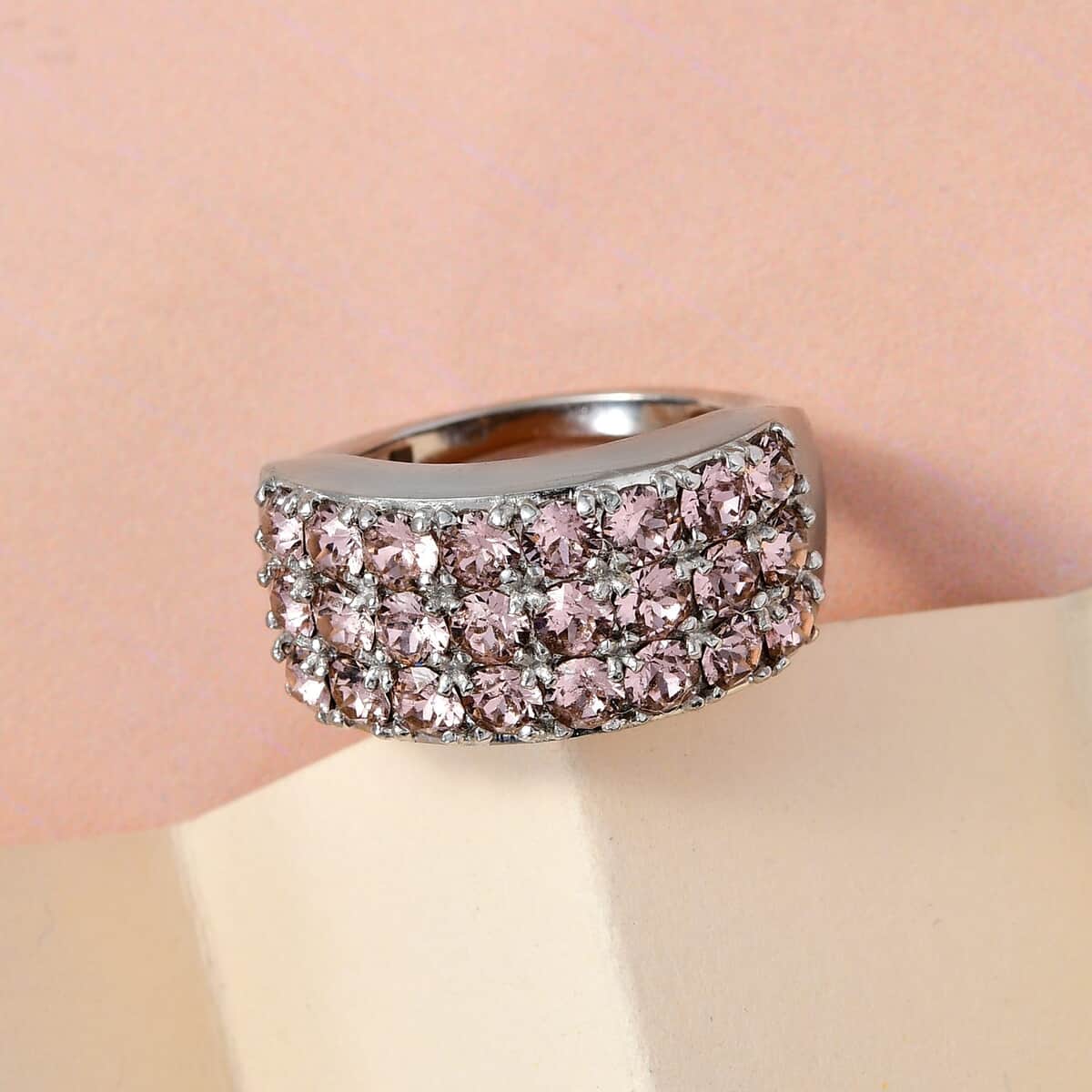 Vintage Rose Color Crystal Three Row Band Ring in Platinum Over Copper with Magnet (Size 8.0) image number 1