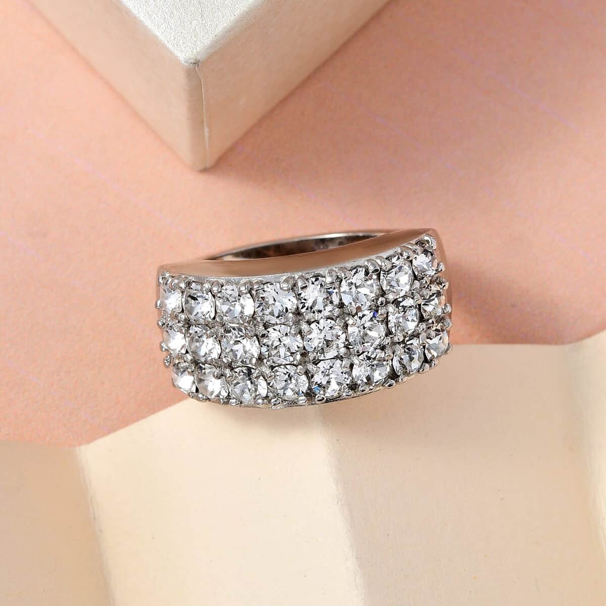 White Crystal Three Row Band Ring in Platinum Over Copper with Magnet (Size 5.0) image number 1