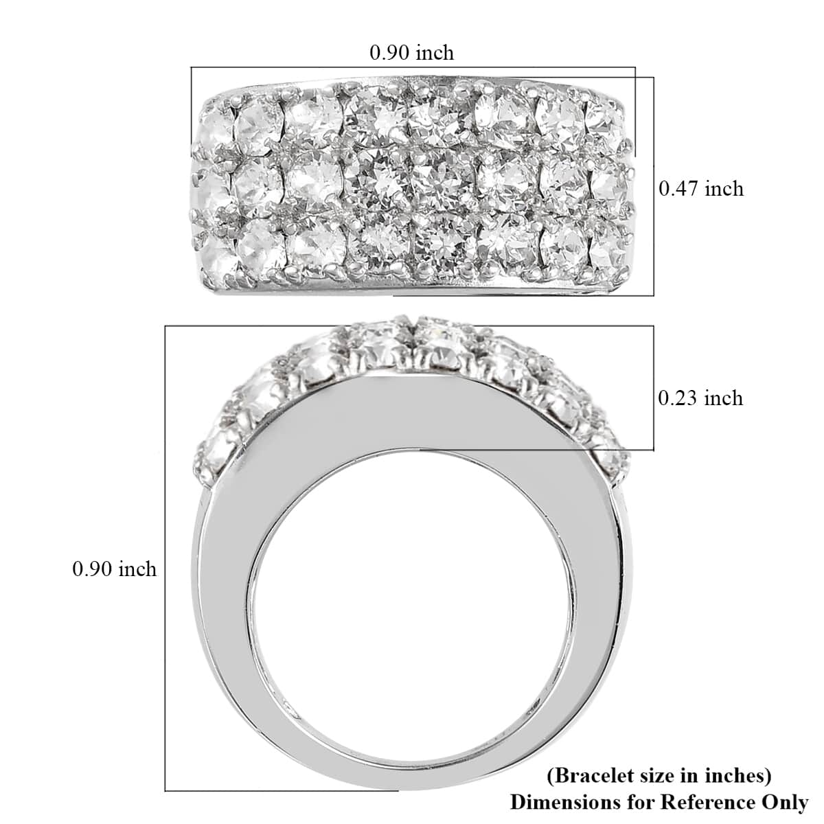 White Crystal Three Row Band Ring in Platinum Over Copper with Magnet (Size 5.0) image number 5