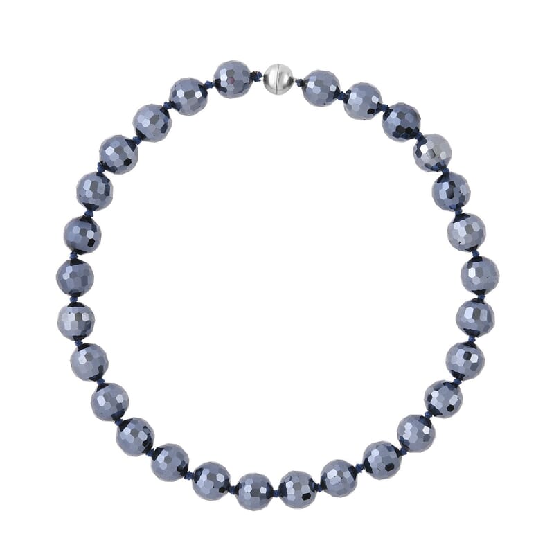 Hematite Color Glass Beaded Knotted Necklace 20 Inches with Magnetic Lock in Silvertone