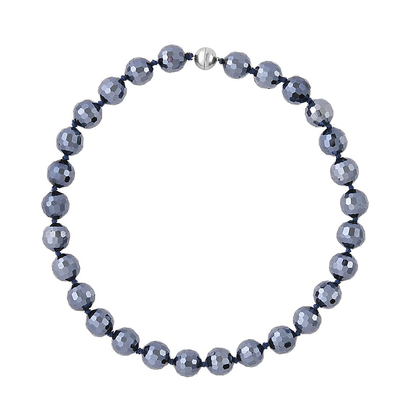Hematite Color Glass Beaded Knotted Necklace 20 Inches with Magnetic Lock in Silvertone