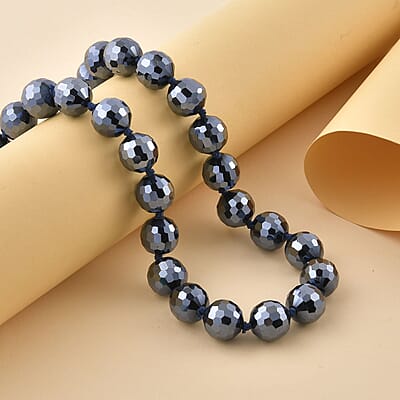 Hematite Color Glass Beaded Knotted Necklace 20 Inches with Magnetic Lock in Silvertone
