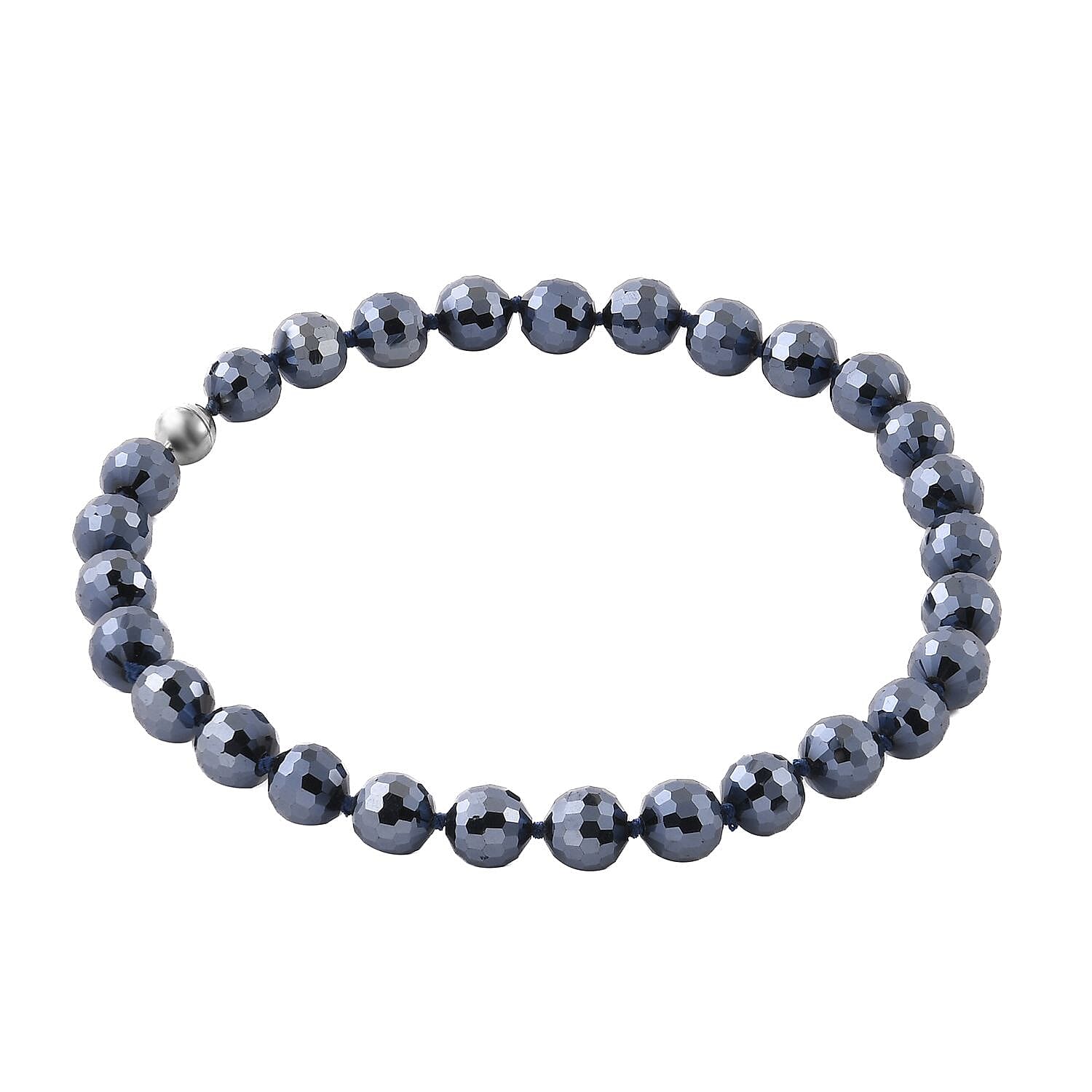 Hematite Color Glass Beaded Knotted Necklace 20 Inches with Magnetic Lock in Silvertone