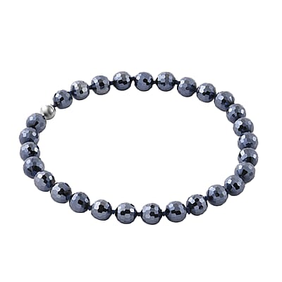 Hematite Color Glass Beaded Knotted Necklace 20 Inches with Magnetic Lock in Silvertone