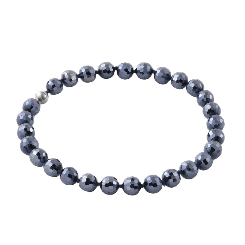 Hematite Color Glass Beaded Knotted Necklace 20 Inches with Magnetic Lock in Silvertone