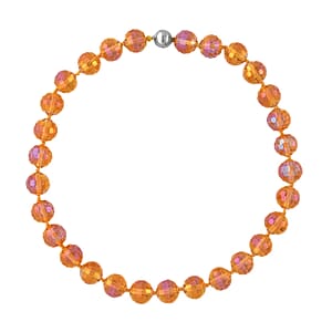 Orange Pearl Glass Knotted Necklace with Magnetic Lock in Silvertone 20 Inches