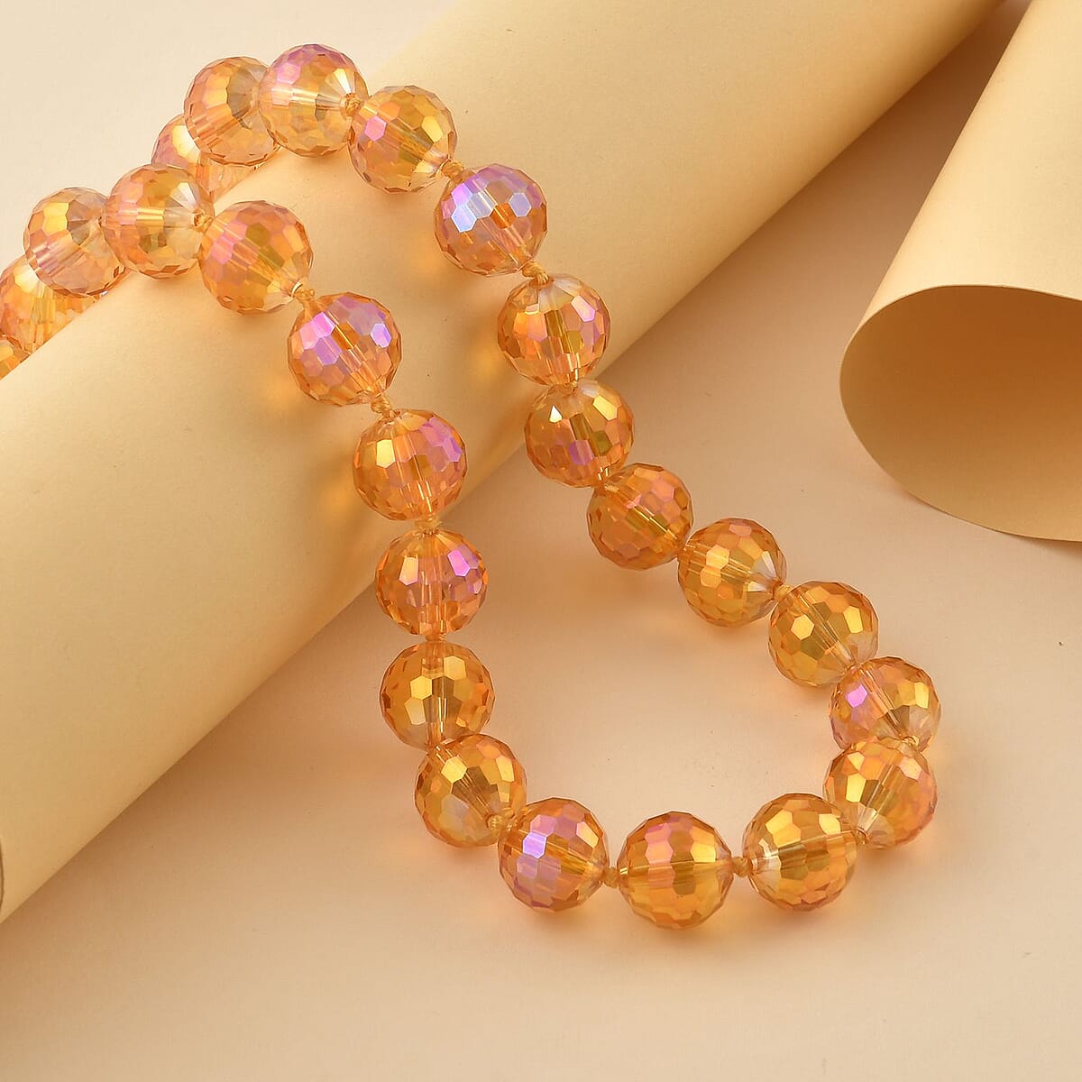 Orange Pearl Glass Knotted Necklace with Magnetic Lock in Silvertone 20 Inches image number 1