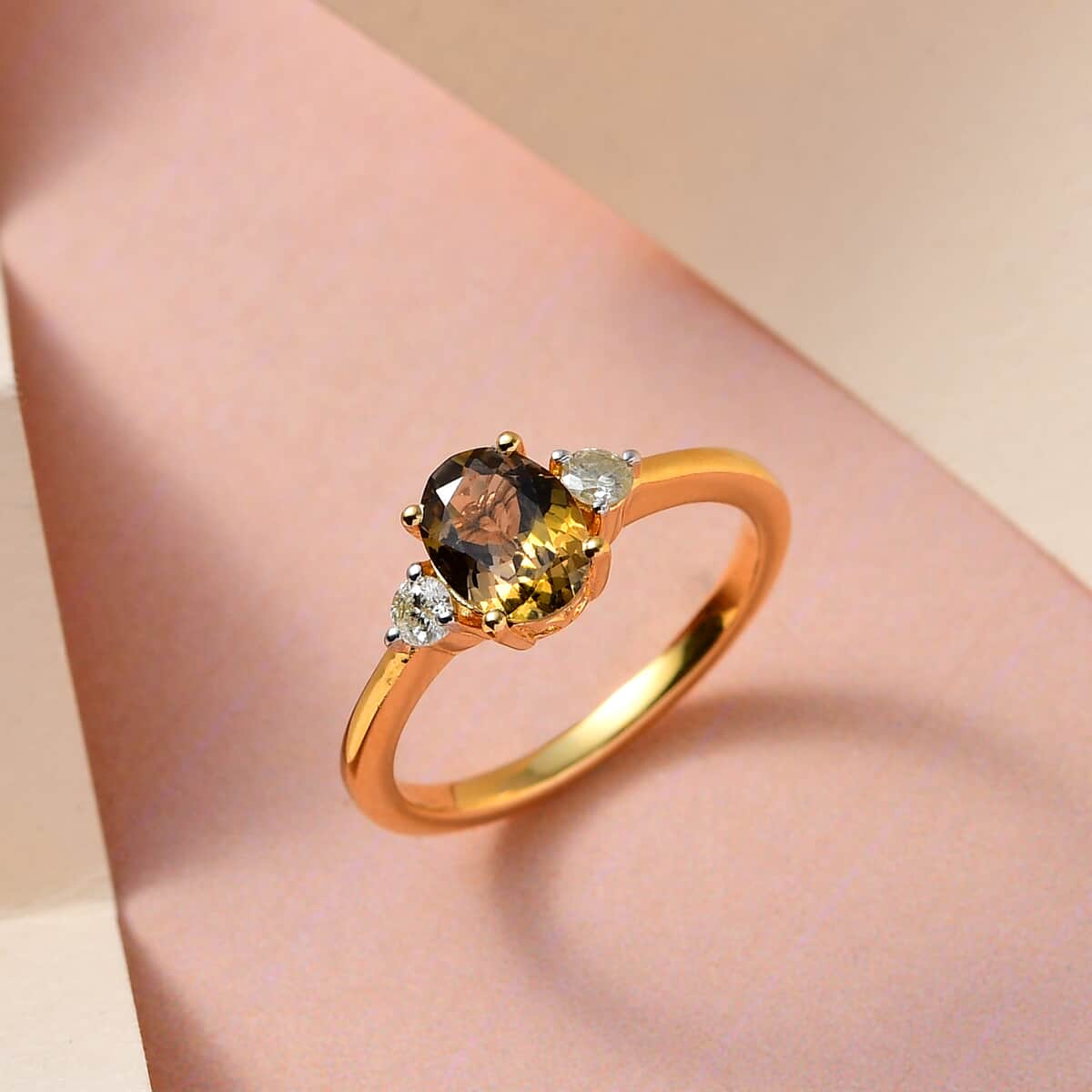 Natural Golden Tanzanite and Diamond Ring in Vermeil Yellow Gold Over Sterling Silver 1.15 ctw image number 1