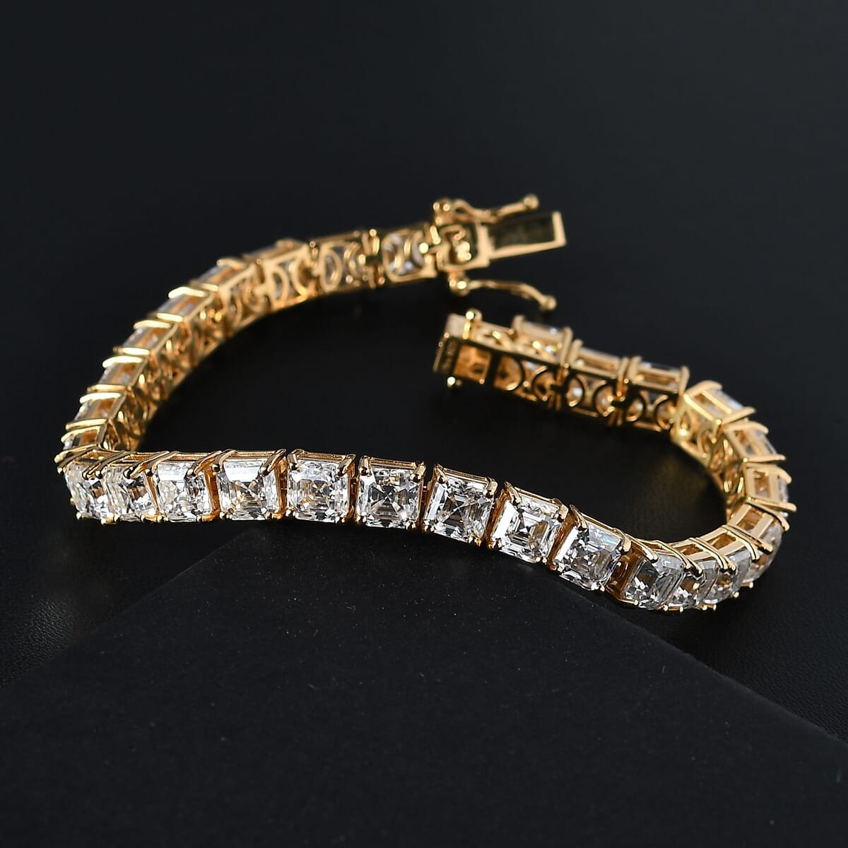 Asscher Cut Moissanite 5mm Tennis Bracelet in Vermeil Yellow Gold Over Sterling Silver (7.25 In) 11.80 Grams 22.15 ctw image number 1