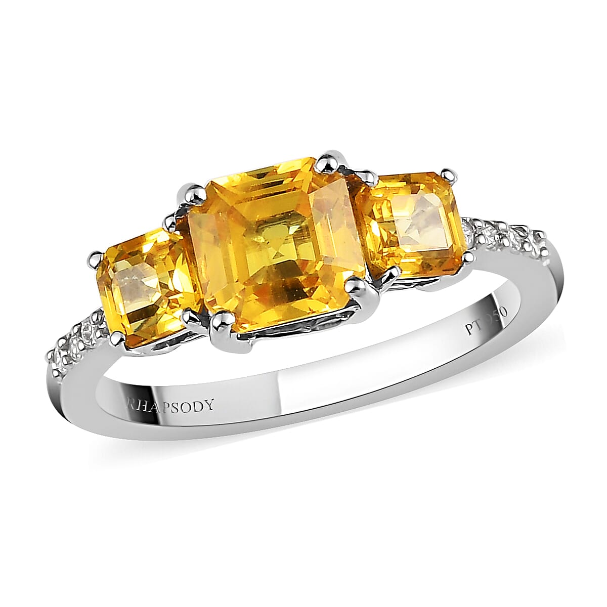 Doorbuster RHAPSODY 950 Platinum AAAA Madagascar Yellow Sapphire and E-F VS Diamond 3 Stone Ring (Size 6.0) 4.15 Grams 2.15 ctw image number 0