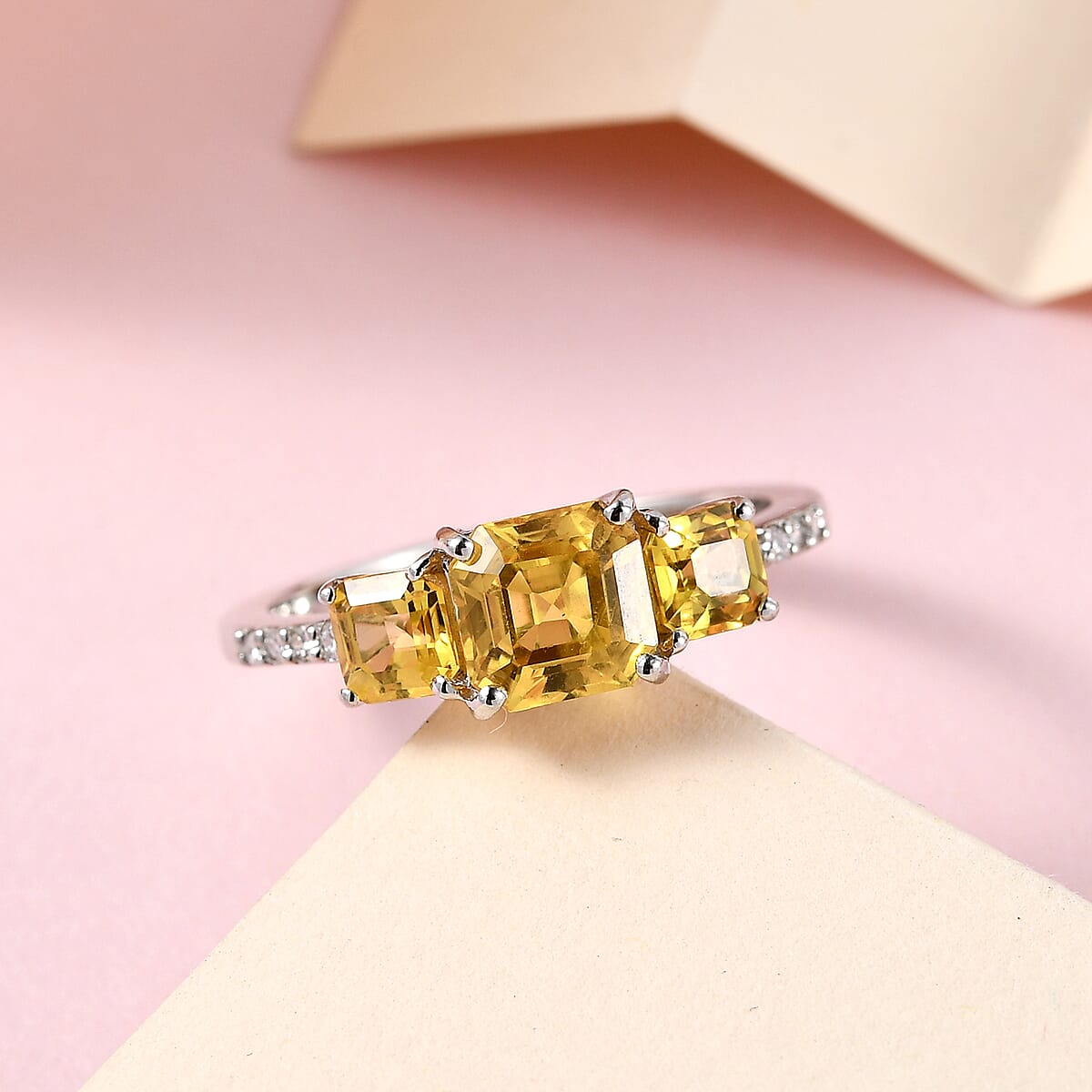 Doorbuster RHAPSODY 950 Platinum AAAA Madagascar Yellow Sapphire and E-F VS Diamond 3 Stone Ring (Size 6.0) 4.15 Grams 2.15 ctw image number 1