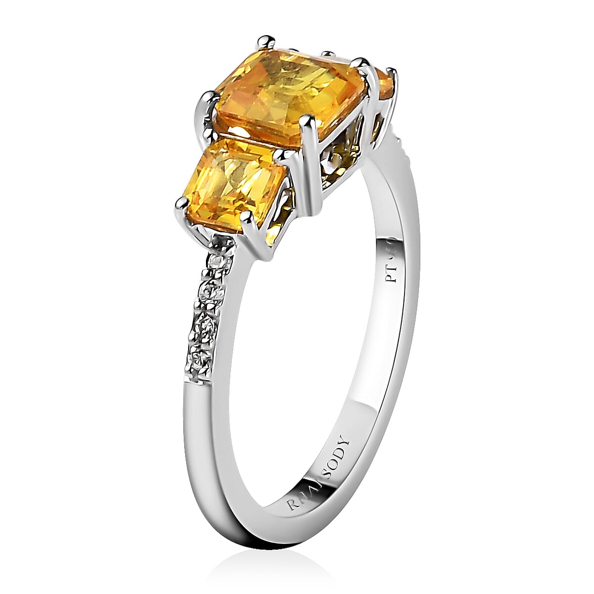 Doorbuster RHAPSODY 950 Platinum AAAA Madagascar Yellow Sapphire and E-F VS Diamond 3 Stone Ring (Size 6.0) 4.15 Grams 2.15 ctw image number 3