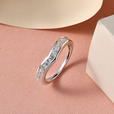 White Zircon Chevron Wishbone Ring in Sterling Silver (Size 9.0) 0.90 ctw