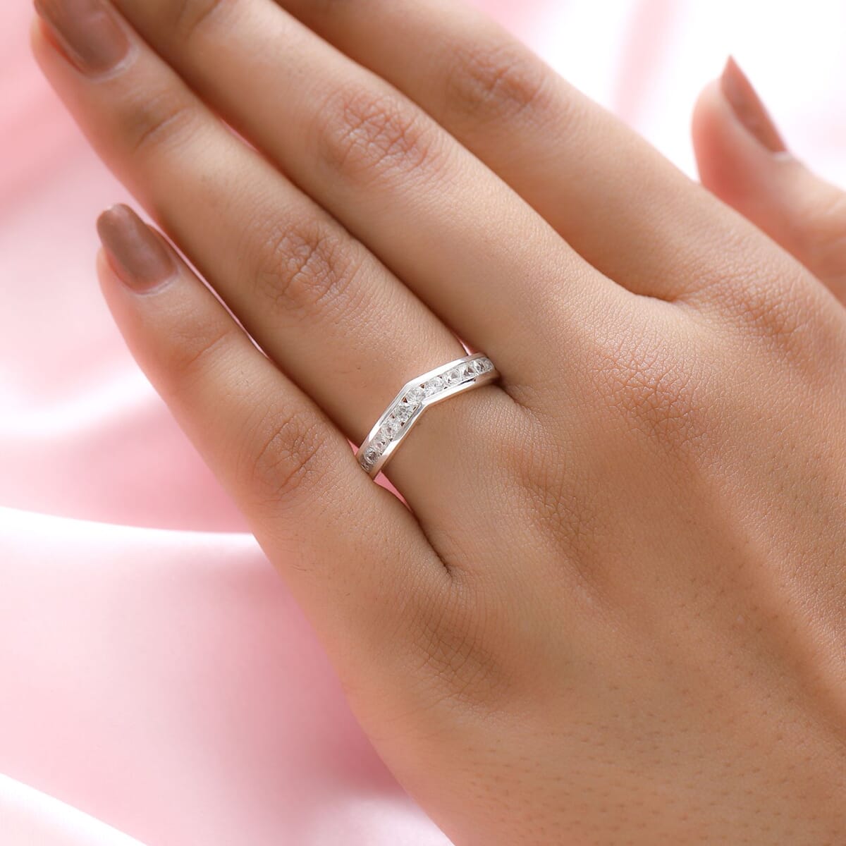 White Zircon Chevron Wishbone Ring in Sterling Silver (Size 9.0) 0.90 ctw image number 2