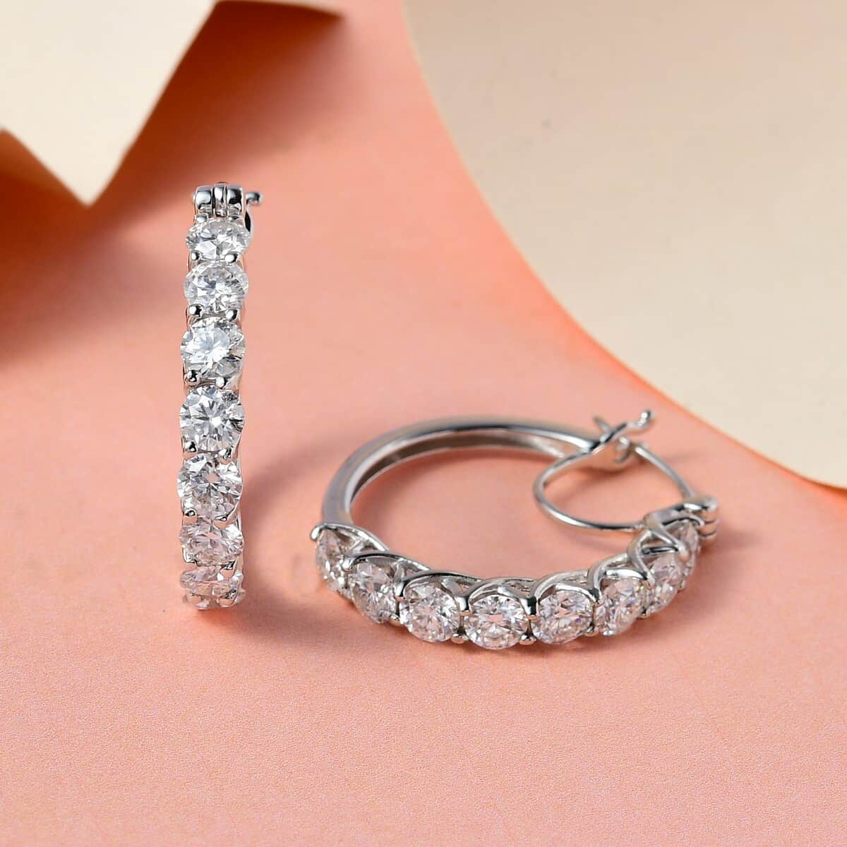 Moissanite Hoop Earrings in Platinum Over Sterling Silver 3.85 ctw image number 1