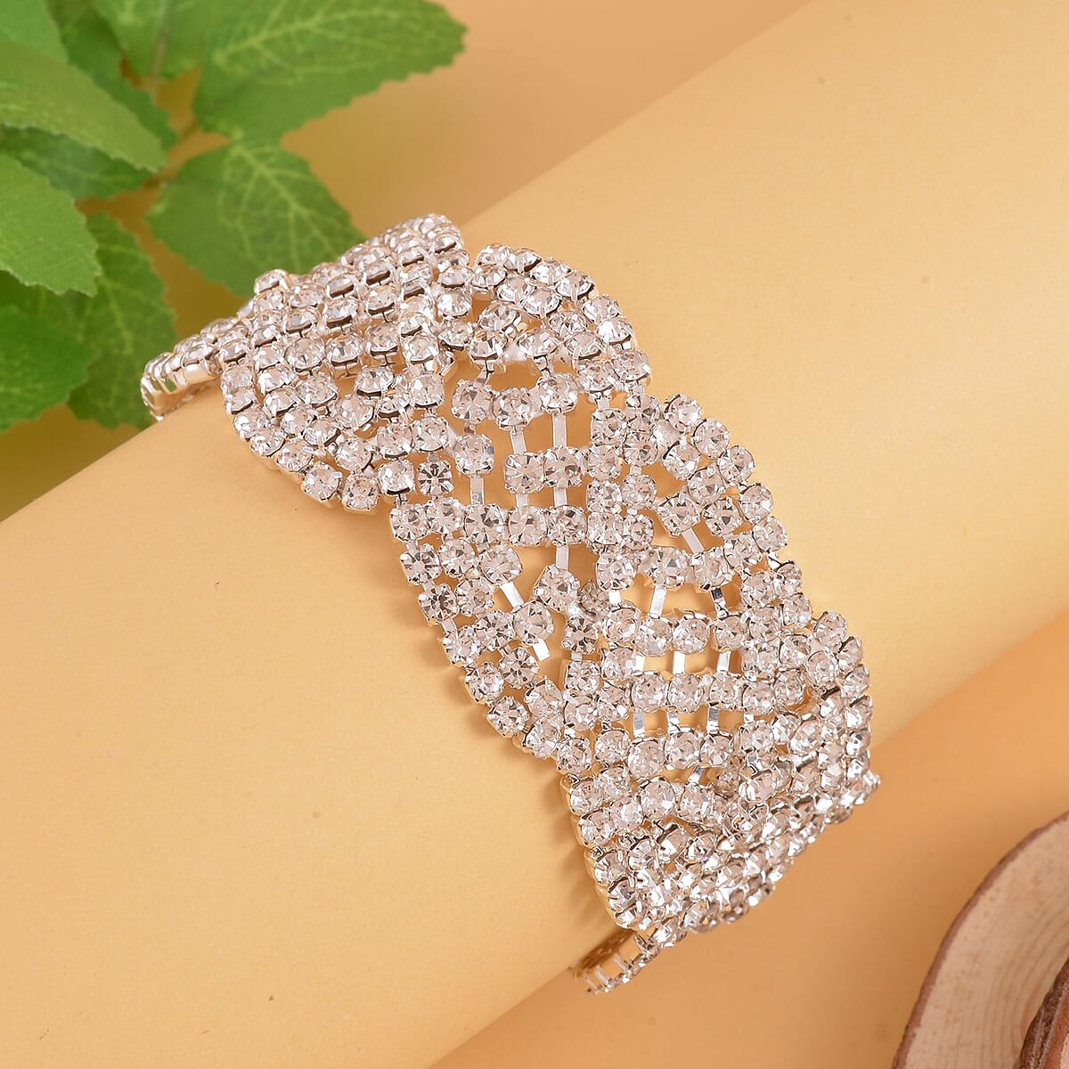 Austrian Crystal Leafy Vine Design Bracelet in Silvertone (7.50-9.50In) image number 1