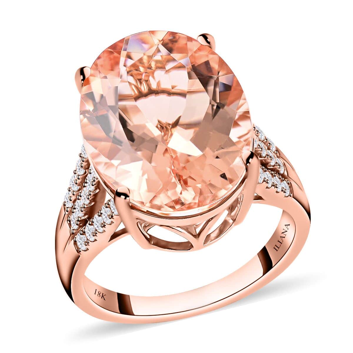 Certified & Appraised ILIANA 18K Rose Gold AAA Marropino Morganite and G-H I1 Diamond Split Shank Ring 6.40 Grams 11.80 ctw image number 0