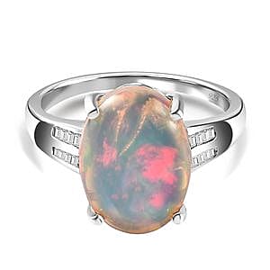 Ethiopian Welo Opal, Diamond 3.47 ctw Ring in Platinum Over Sterling Silver (Size 11.5)
