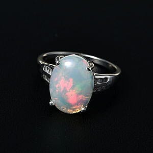Ethiopian Welo Opal, Diamond 3.47 ctw Ring in Platinum Over Sterling Silver (Size 11.5)