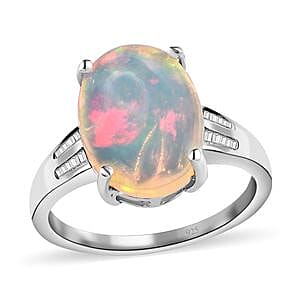 Ethiopian Welo Opal, Diamond 3.47 ctw Ring in Platinum Over Sterling Silver (Size 11.5)