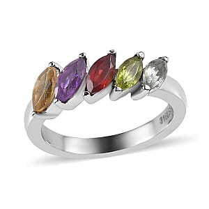Multi Gemstone 5 Stone Ring in Stainless Steel (Size 6.0) 1.40 ctw , Tarnish-Free, Waterproof, Sweat Proof Jewelry