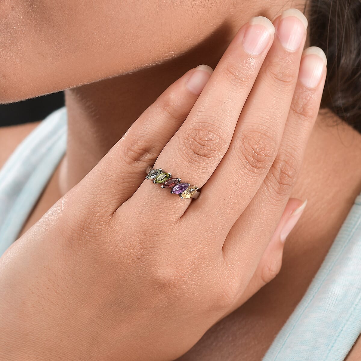Multi Gemstone 5 Stone Ring in Stainless Steel (Size 6.0) 1.40 ctw , Tarnish-Free, Waterproof, Sweat Proof Jewelry image number 2