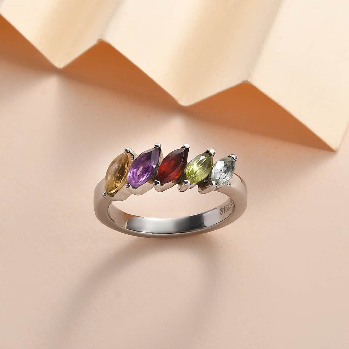 Multi Gemstone 5 Stone Ring in Stainless Steel (Size 7.0) 1.40 ctw image number 1