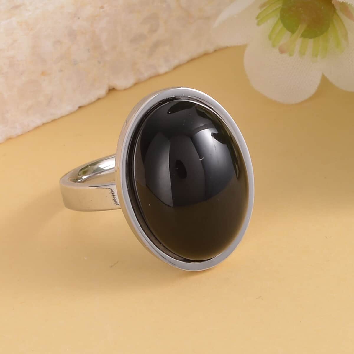 Black Agate Ring in Stainless Steel (Size 6.0) 10.00 ctw image number 1