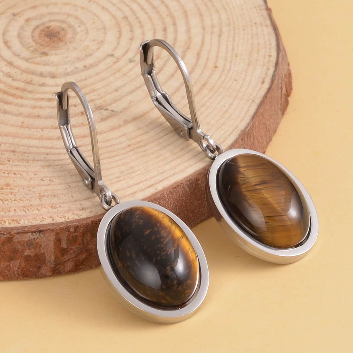 Yellow Tiger's Eye Lever Back Earrings in Stainless Steel 10.00 ctw image number 1