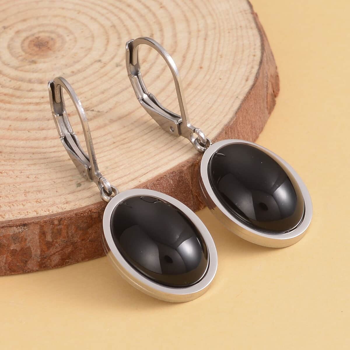 Black Agate Lever Back Earrings in Stainless Steel 10.00 ctw image number 1
