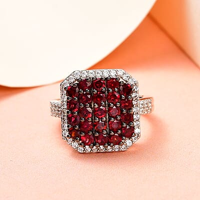 Anthill Garnet and Natural White Zircon Cluster Ring in Platinum Over Sterling Silver (Size 10.0) 2.60 ctw
