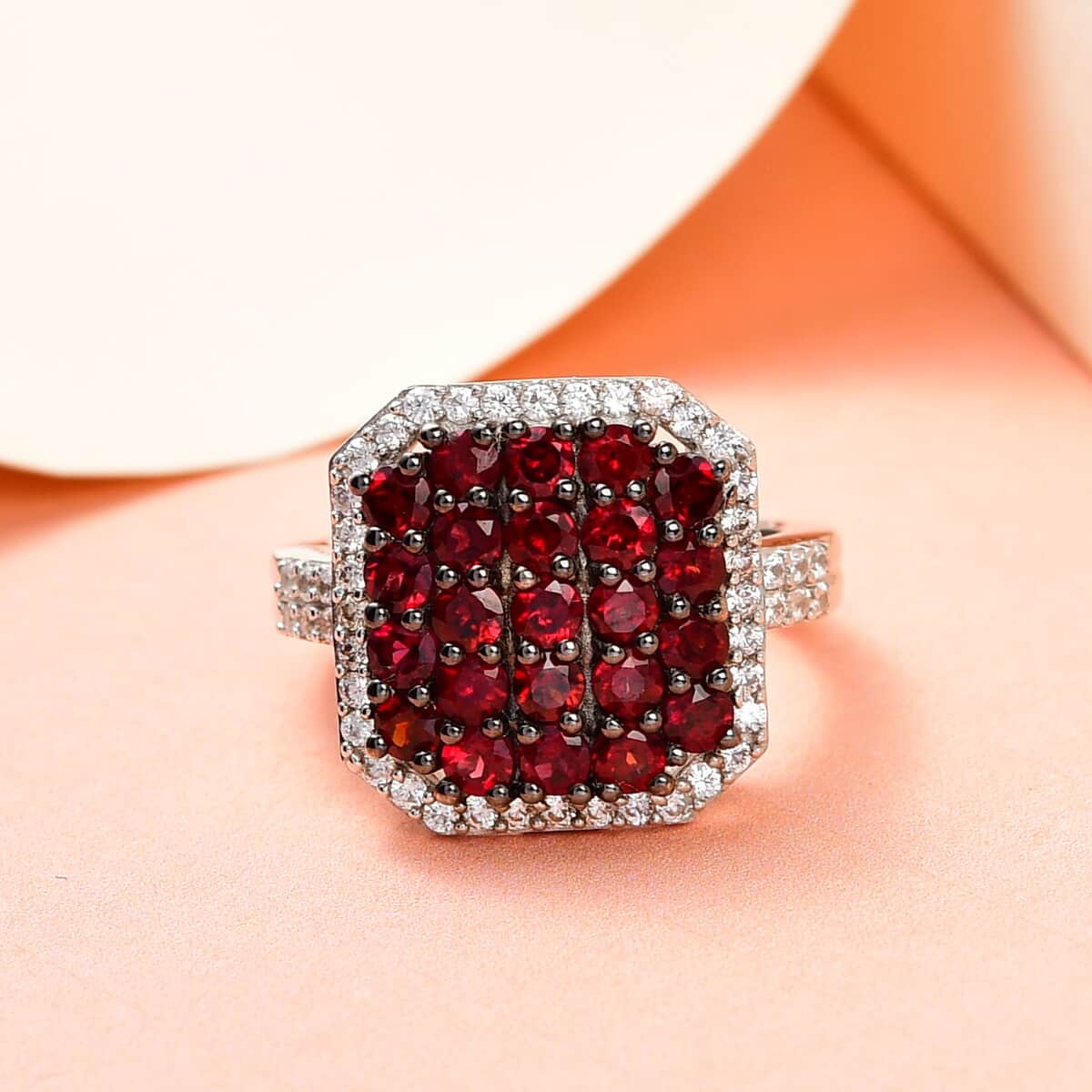 American Arizona Anthill Garnet and Natural White Zircon Cluster Ring in Platinum Over Sterling Silver (Size 10.0) 2.60 ctw image number 1