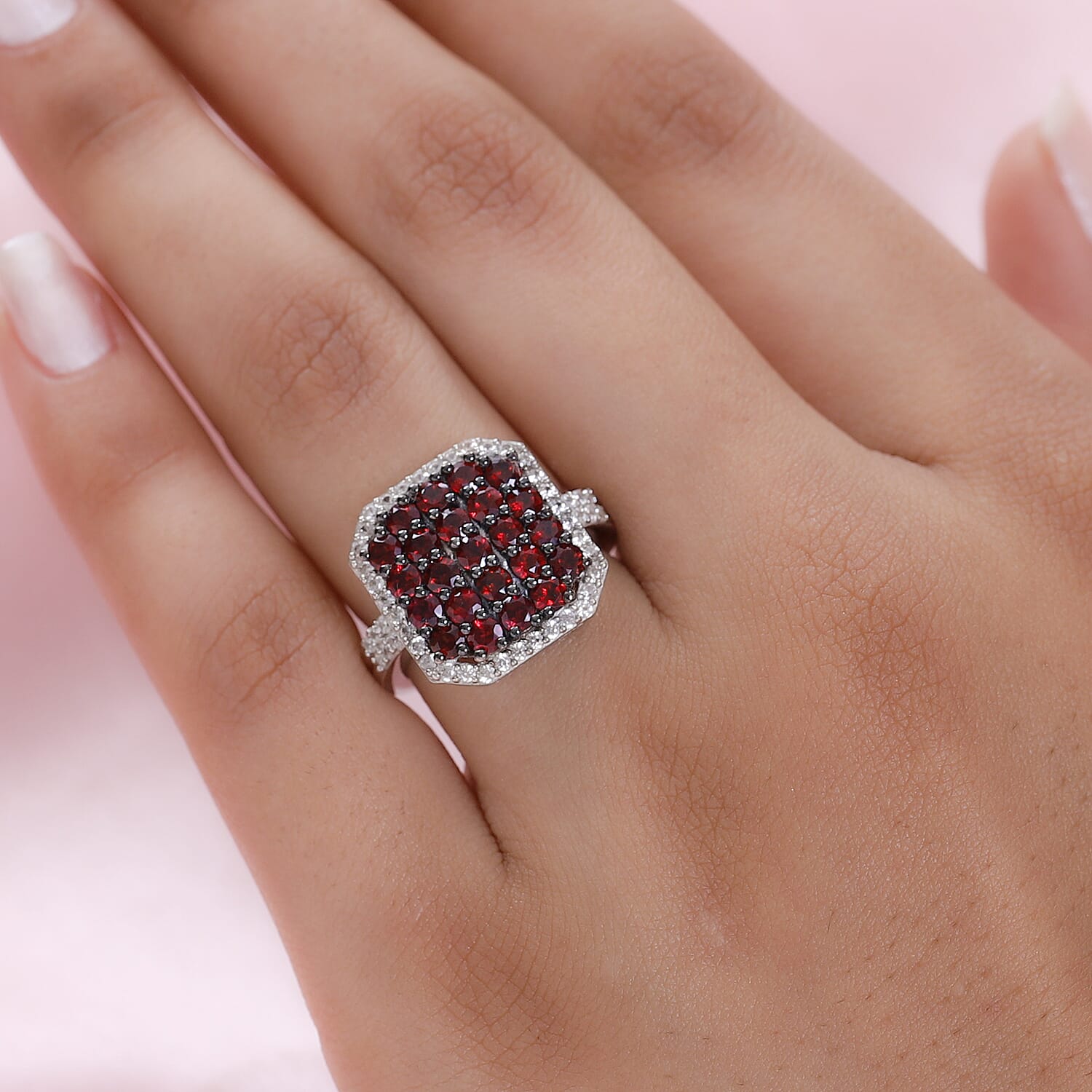 Anthill Garnet and Natural White Zircon Cluster Ring in Platinum Over Sterling Silver (Size 10.0) 2.60 ctw