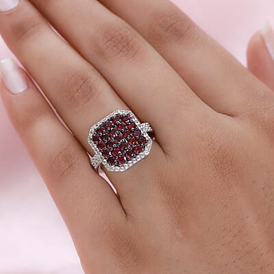 Anthill Garnet and Natural White Zircon Cluster Ring in Platinum Over Sterling Silver (Size 10.0) 2.60 ctw