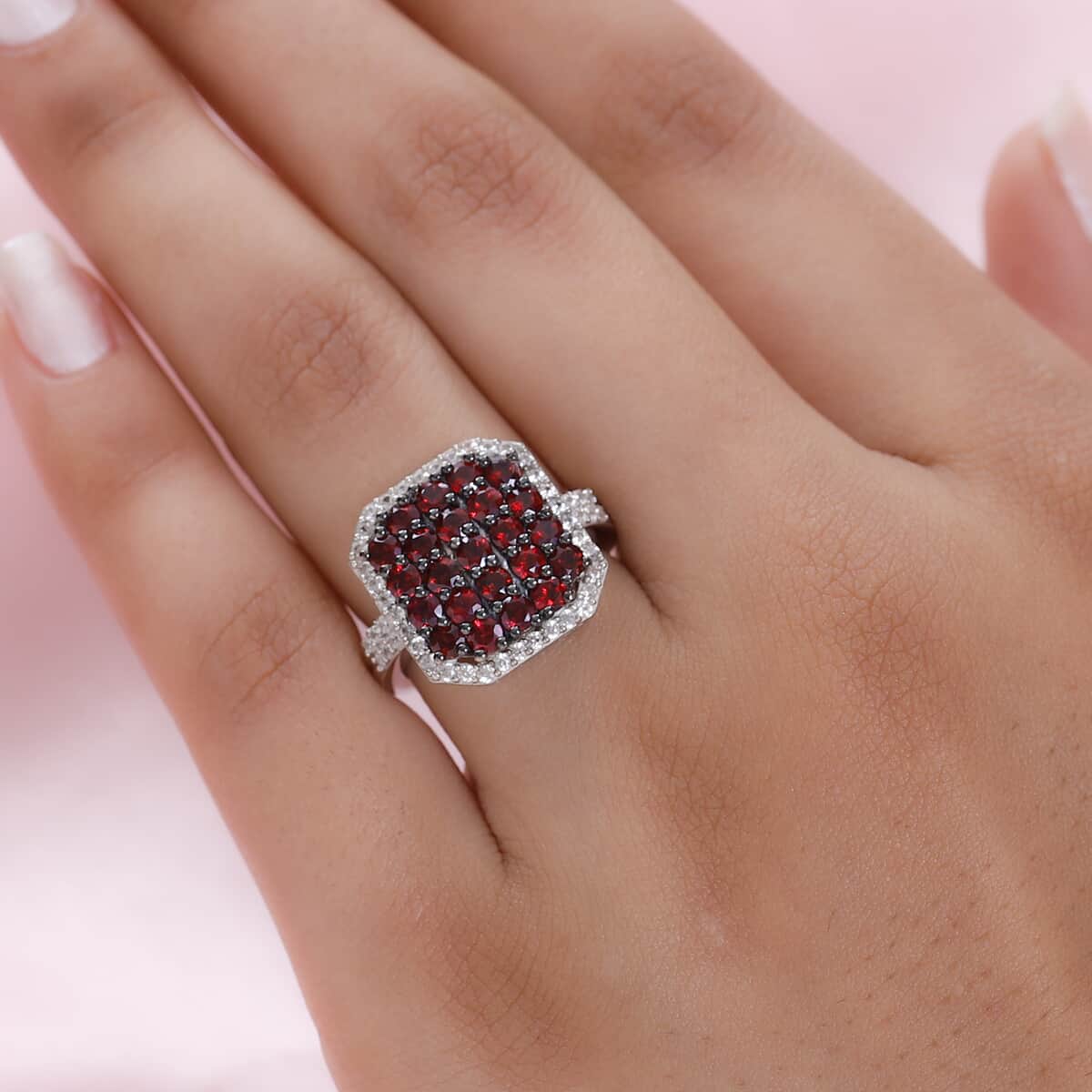 American Arizona Anthill Garnet and Natural White Zircon Cluster Ring in Platinum Over Sterling Silver 2.60 ctw image number 2