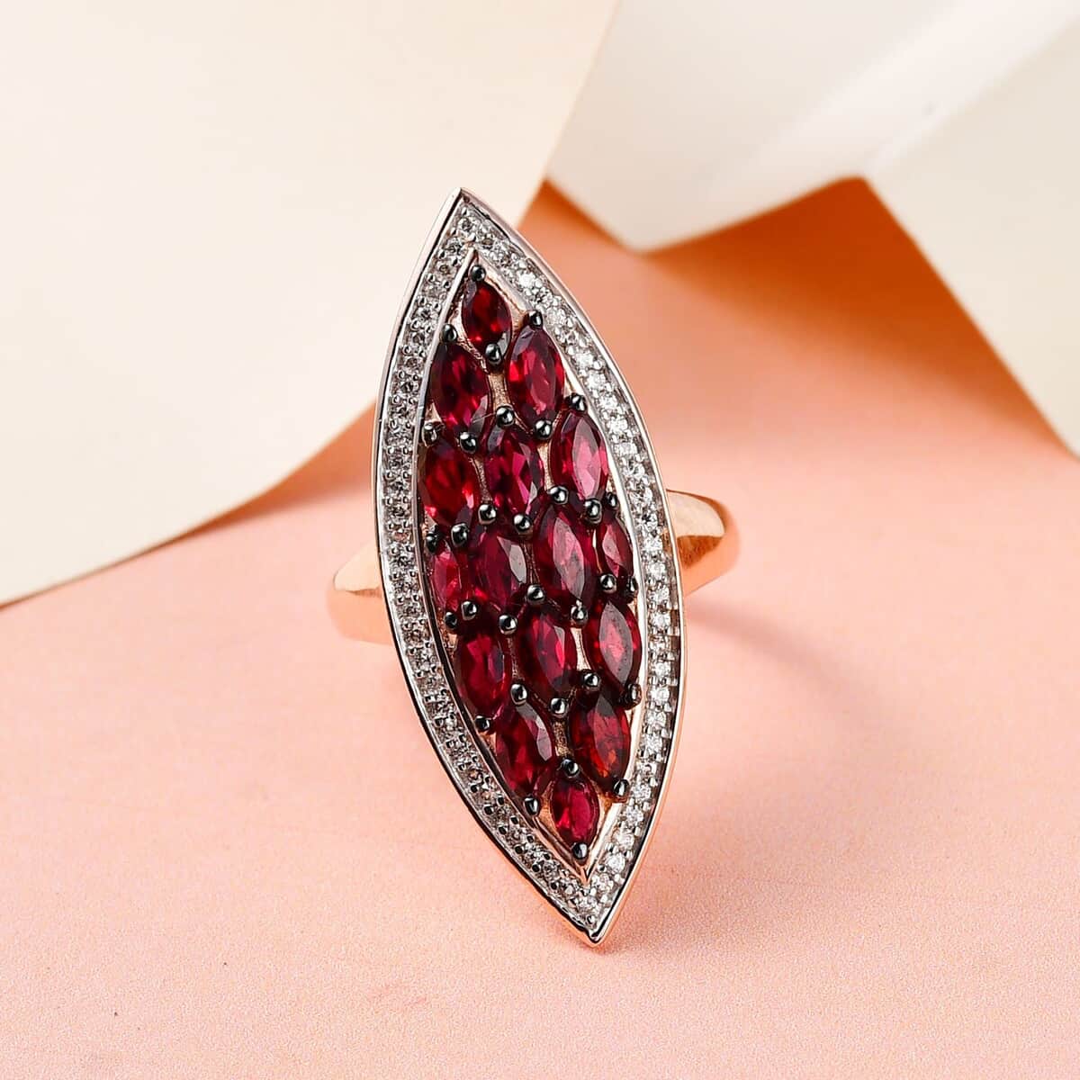 American Arizona Anthill Garnet, Natural White Zircon Elongated Ring in Vermeil RG Over Sterling Silver (Size 10.0) 3.00 ctw image number 1