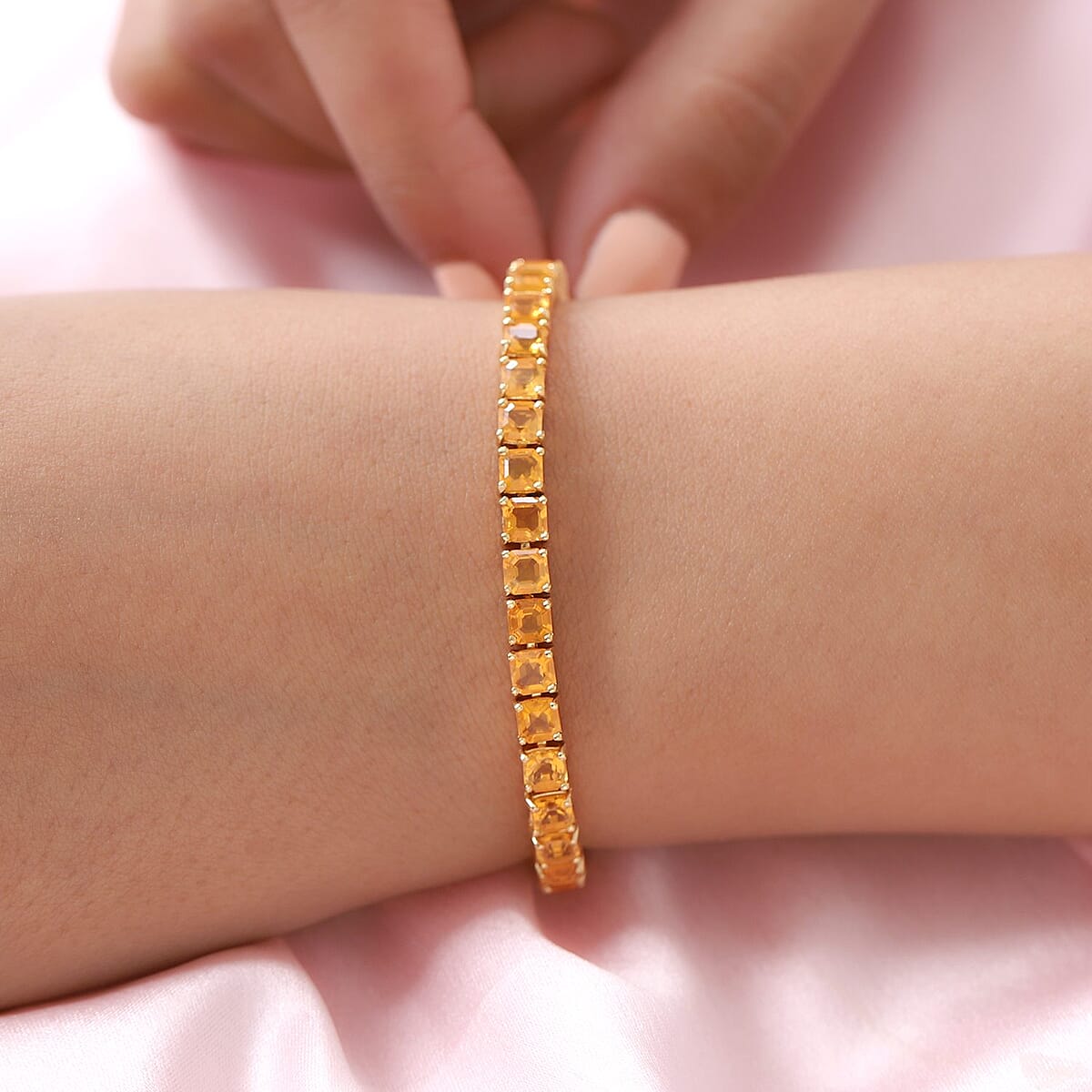 Asscher Cut Jalisco Fire Opal Tennis Bracelet in Vermeil Yellow Gold Over Sterling Silver (7.25 In) 8.65 ctw image number 2