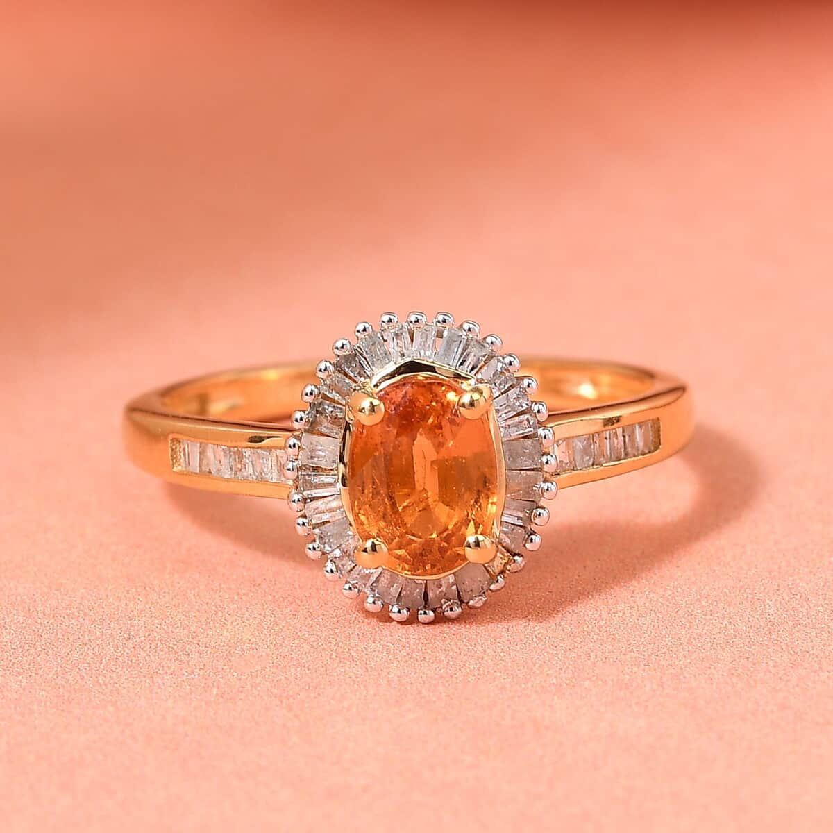 Premium Viceroy Spessartine Garnet and Diamond Halo Ring in Vermeil Yellow Gold Over Sterling Silver (Size 10.0) 1.25 ctw image number 1