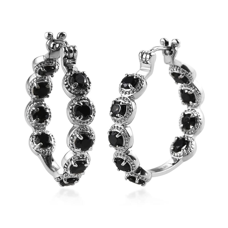 Thai Black Spinel Inside Out Hoop Earrings in Stainless Steel 3.75 ctw , Tarnish-Free, Waterproof, Sweat Proof Jewelry