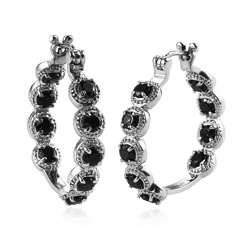 Thai Black Spinel Inside Out Hoop Earrings in Stainless Steel 3.75 ctw , Tarnish-Free, Waterproof, Sweat Proof Jewelry