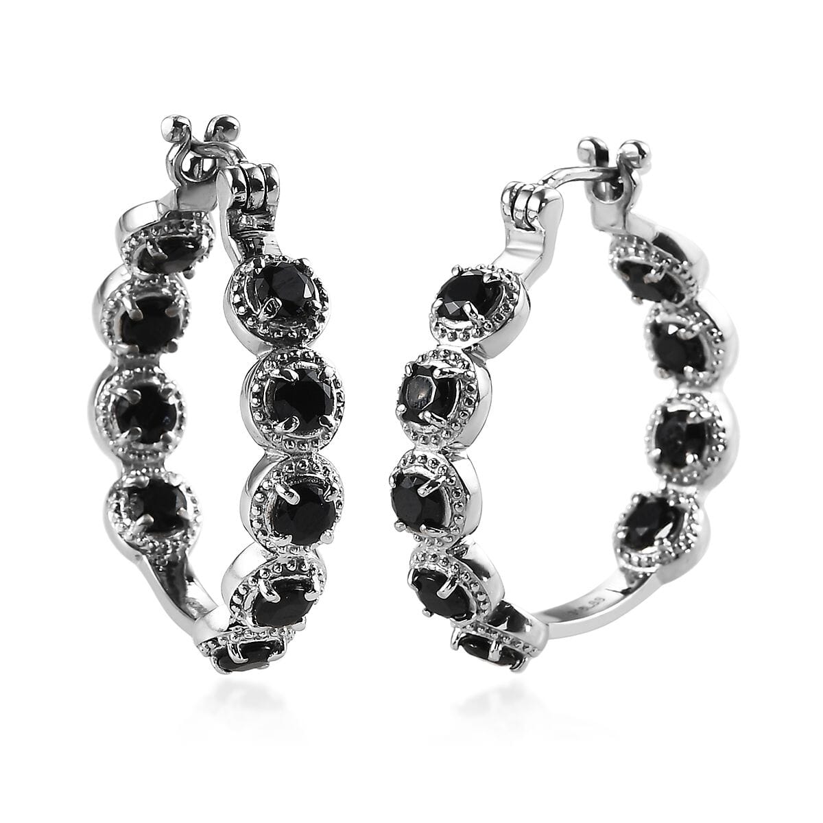 Thai Black Spinel Inside Out Hoop Earrings in Stainless Steel 3.75 ctw , Tarnish-Free, Waterproof, Sweat Proof Jewelry image number 0