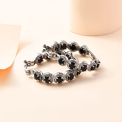 Thai Black Spinel Inside Out Hoop Earrings in Stainless Steel 3.75 ctw , Tarnish-Free, Waterproof, Sweat Proof Jewelry