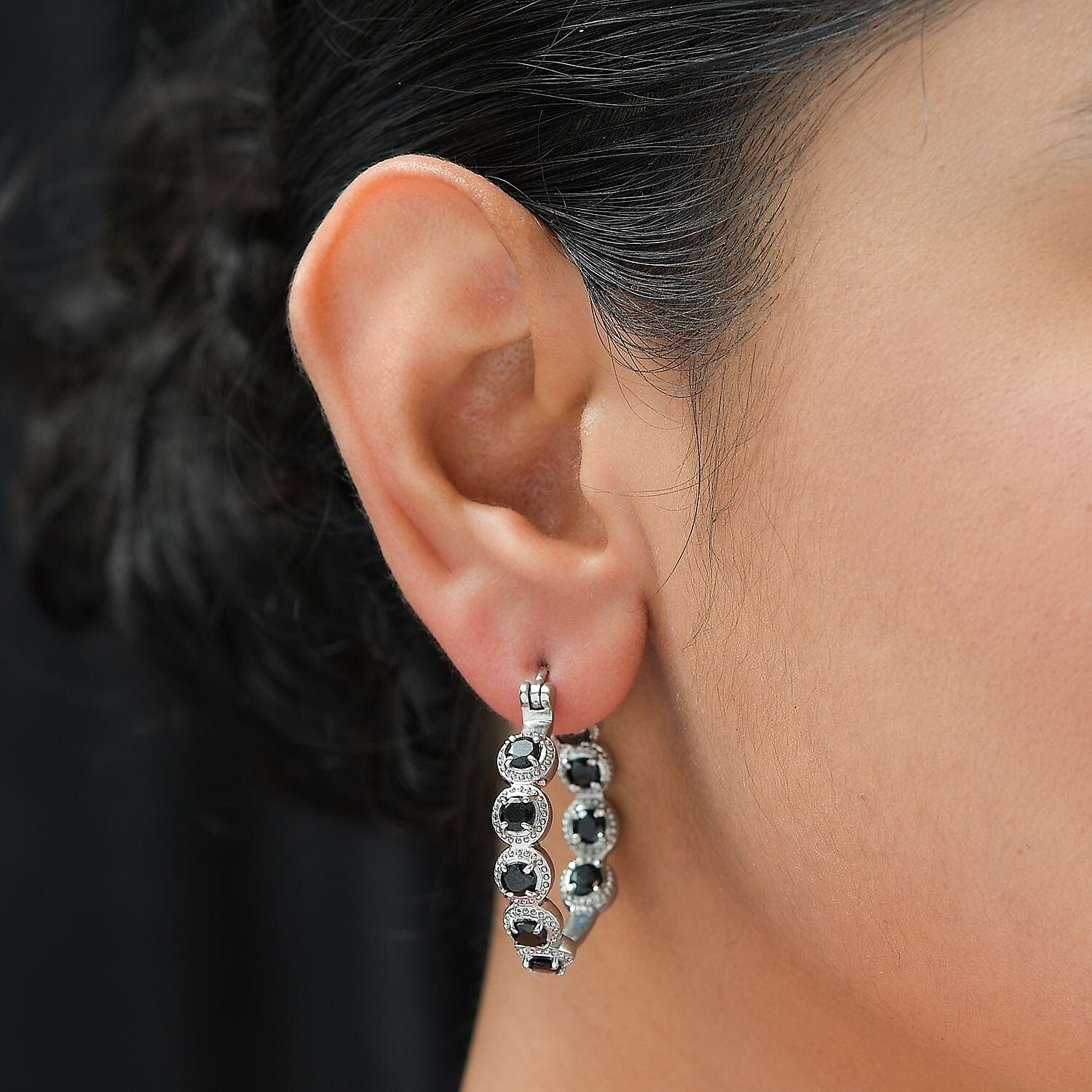 Thai Black Spinel Inside Out Hoop Earrings in Stainless Steel 3.75 ctw , Tarnish-Free, Waterproof, Sweat Proof Jewelry