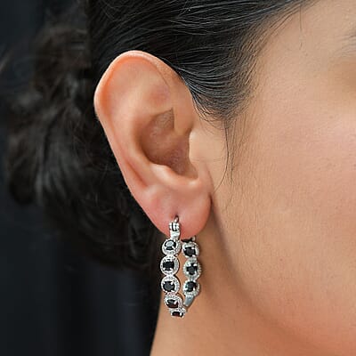 Thai Black Spinel Inside Out Hoop Earrings in Stainless Steel 3.75 ctw , Tarnish-Free, Waterproof, Sweat Proof Jewelry