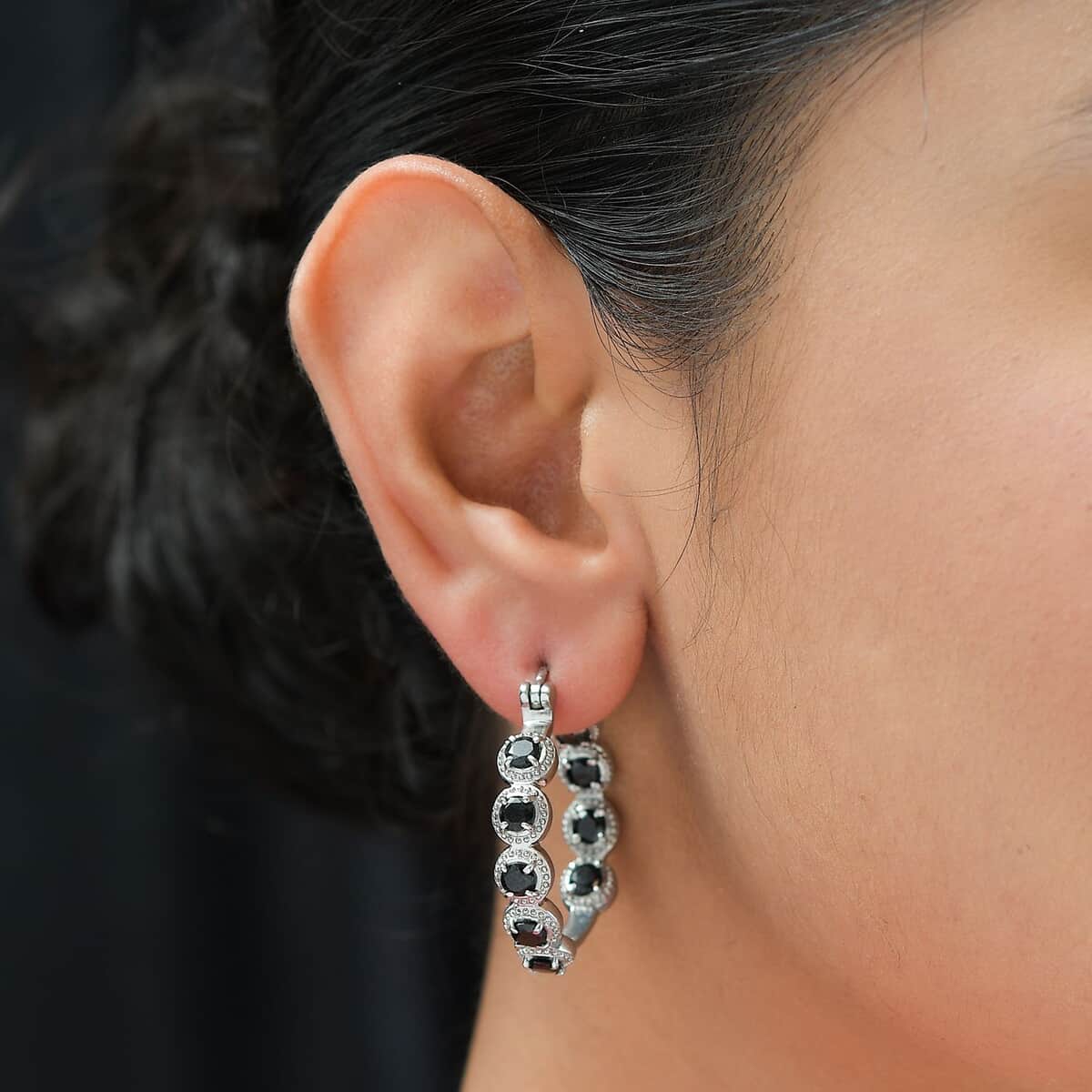 Thai Black Spinel Inside Out Hoop Earrings in Stainless Steel 3.75 ctw , Tarnish-Free, Waterproof, Sweat Proof Jewelry image number 2