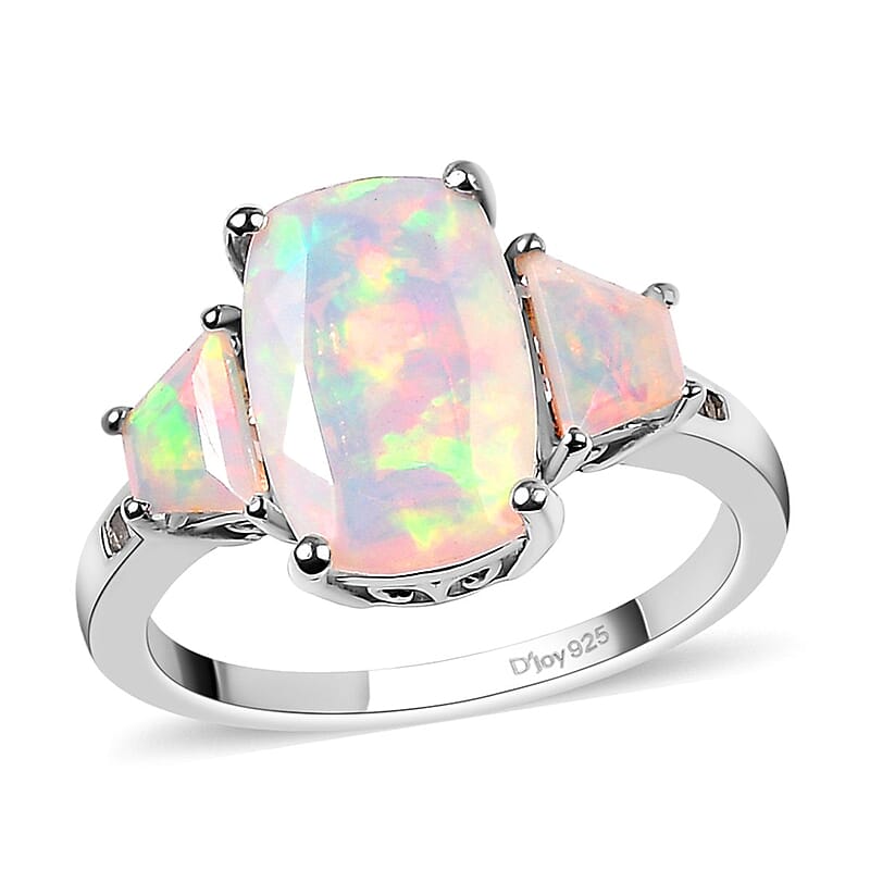 Premium Ethiopian Welo Opal and Natural Champagne Diamond 3 Stone Ring in Platinum Over Sterling Silver (Size 10.0) 3.00 ctw